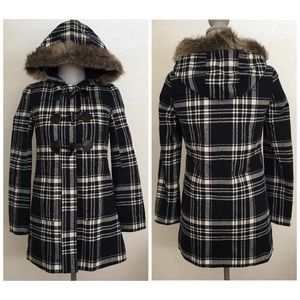 {BP.} Plaid Duffle Coat with Faux Fur Hood